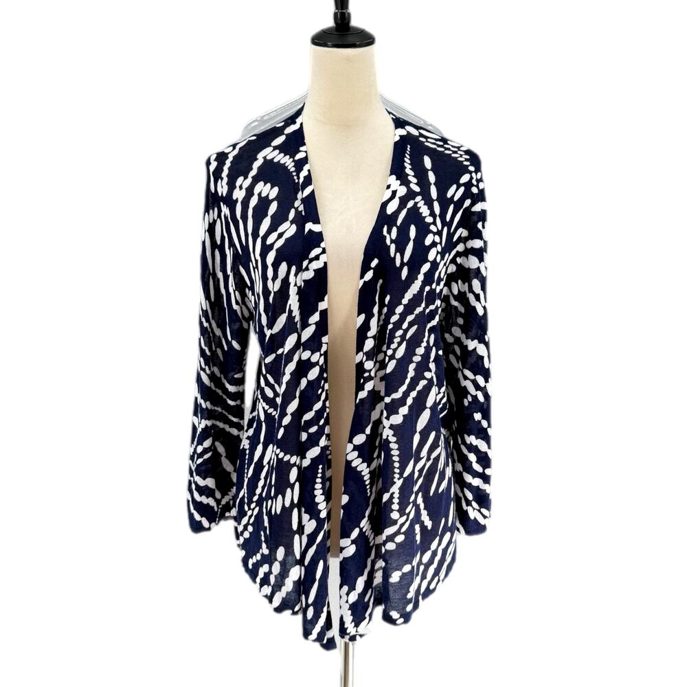 Chico’s NWT Sz 3 Navy & White Dot Frenzy Pattern Lightweight Thin Knit Cardigan